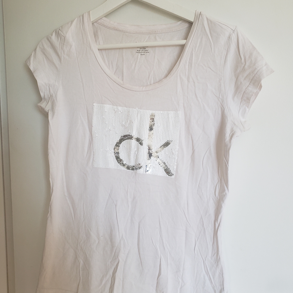 Calvin Klein Cream Tee with Silver Sequins
